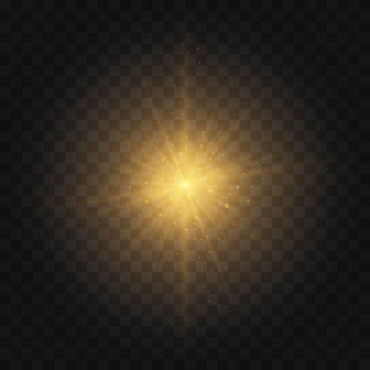 Golden Star amarillo estalló con polvo y chispa aislado. Efecto de luz brillante con rayos y partículas de brillo sobre fondo transparente