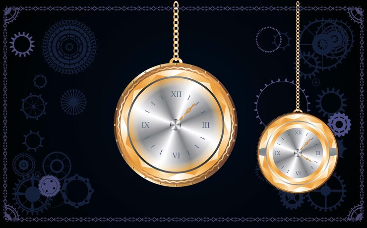 Vector golden steampunk clock pendant medallion button with cogs and gears