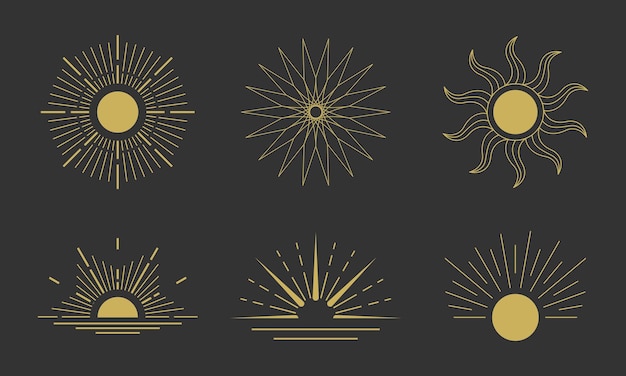 Golden Sunburst y Sunrise Vector Set para elegantes proyectos de diseño gráfico