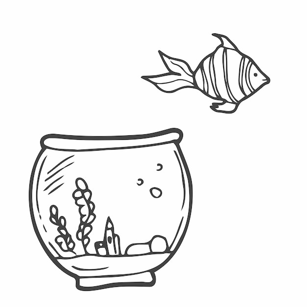 Goldfish en un acuario Ilustración vectorial Estilo Doodle Acuario con algas