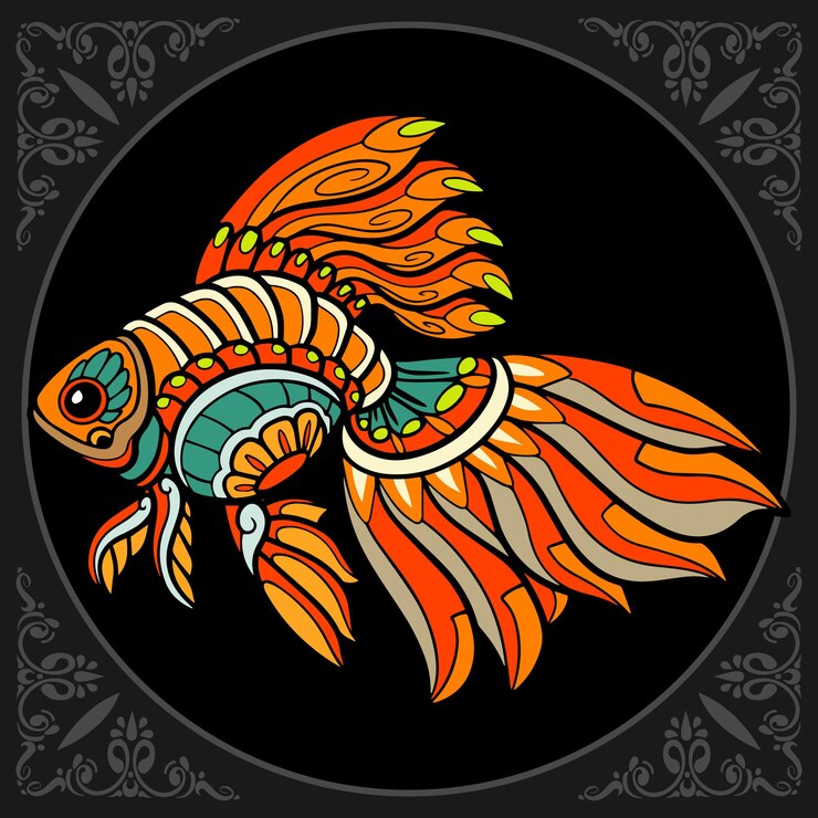 Vector goldfish zentangle artes aisladas sobre fondo negro