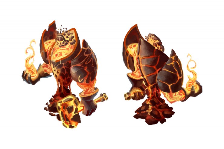 Golem de fuego de dibujos animados, personaje del juego aislado