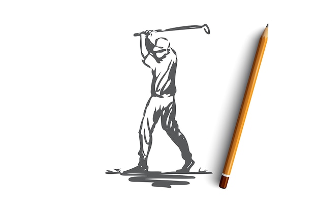 Golf, juego, entrenamiento, deporte, concepto de golf. Jugador de golf dibujado a mano en el bosquejo del concepto de acción. ilustración.