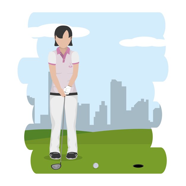 Golf mujer jugador de dibujos animados en el campamento