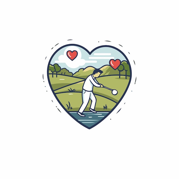 Vector golfista jugando al golf en forma de corazón ilustración del icono de la línea vectorial