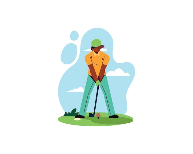 Vector golfista jugando al golf ilustración vectorial de dibujos animados hombre aislado con sombrero con palo golpeando la pelota al agujero