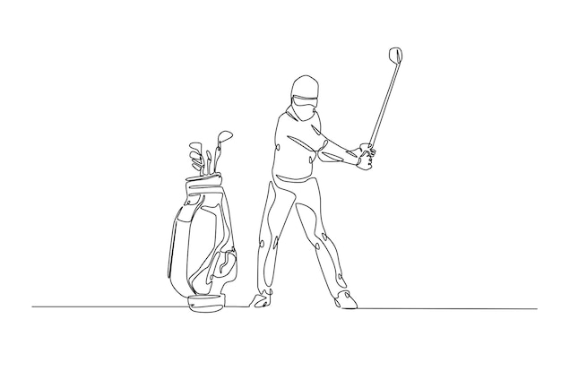 golfista profesional y bolsa de golf en una sola línea ilustración artística