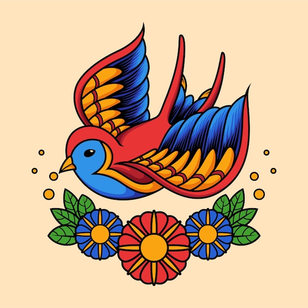 Golondrina, pájaro, en, tradicional, tatuaje, estilo