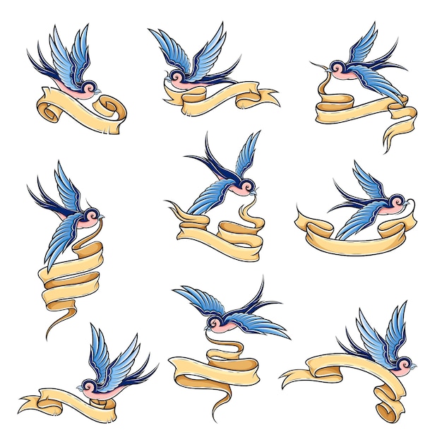 La golondrina de la vieja escuela con conjunto vectorial de pancartas o cintas