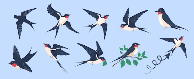 Las golondrinas volando por el cielo simbolizan la alegría de la primavera y la belleza de la migración en diseño plano
