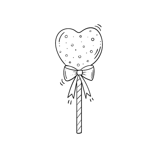 Golosina en forma de corazón negra y blanca con nudo de arco en palo despojado en estilo doodle