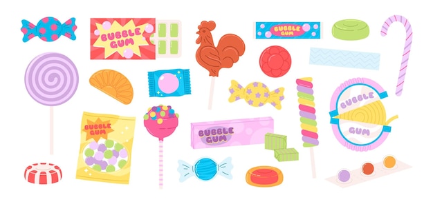 Golosinas y goma de burbuja caricaturas dulces dulces de goma de mascar aisladas y pegajosas dulces de gelatina para niños de vacaciones conjunto vectorial picante