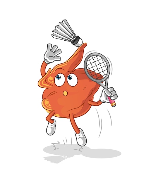 Golpe de ala de pollo en dibujos animados de bádminton. vector de mascota de dibujos animados