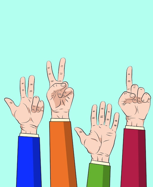 Golpe de mano hacia arriba muestra la ilustración de diseño vectorial número uno a cinco sobre fondo azul