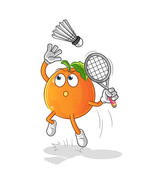 Golpe de naranja en dibujos animados de bádminton. vector de mascota de dibujos animados