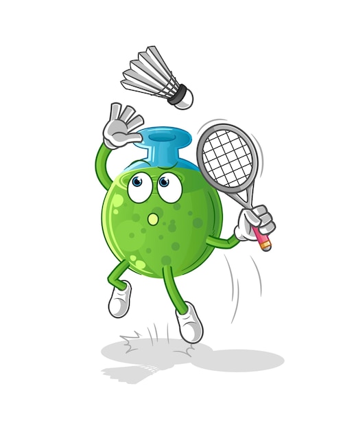 Golpe de tubo químico en dibujos animados de bádminton. vector de mascota de dibujos animados