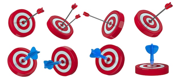 Golpear el objetivo con dardos y flechas Golpeando el objetivo y el concepto de objetivo directo Golpeando al objetivo 3D varios ángulos conjunto de ilustraciones vectoriales