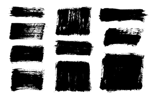 Golpes de pincel conjunto de pinceles vectoriales elementos de diseño Grunge cuadros de texto rectangulares pancartas de textura de angustia sucia salpicaduras de tinta objetos pintados Grungy