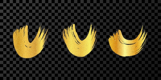 Golpes de pincel semicircular grunge dorado Conjunto de rayas de tinta onduladas pintadas Punto de tinta aislado en un fondo transparente oscuro Ilustración vectorial