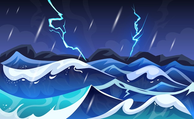 Golpes de relámpago Paisaje marítimo Ondas oceánicas Efecto de trueno de golpear el agua Flash del cielo Tormenta de trueno Paisaje marino Tormenta de animación de luz de trueno Vector juego ordenado Fondo de dibujos animados