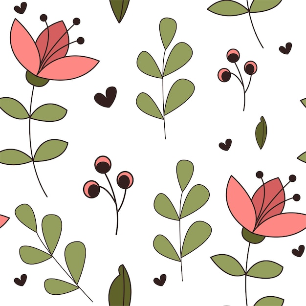 Golpeteo inconsútil del bosque en estilo de dibujos animados Elementos florales flores y hojas Ilustración vectorial
