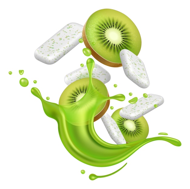 Vector goma de mascar realista salpicaduras en 3d de jugo y agua con almohadillas refrescantes de chicle trozos de fruta fresca rodajas de kiwi y salpicaduras de líquido sabor natural caramelos masticables para el cuidado dental vectorial