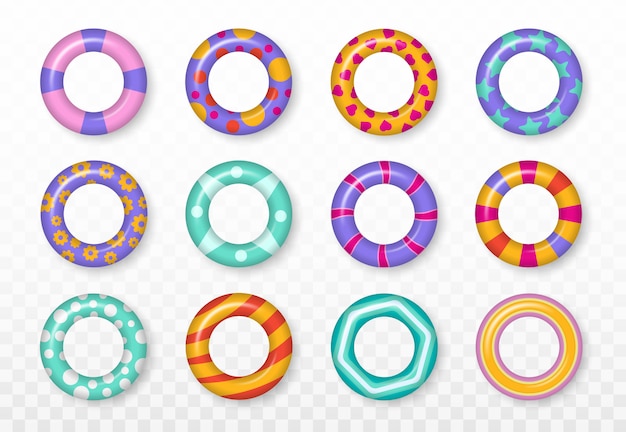 Goma realista natación 3d anillos aislados sobre fondo transparente. Conjunto de anillos de baño colorido. Vacaciones de verano o seguridad en el viaje. Tema de verano, agua y playa, iconos seguros. ilustración.