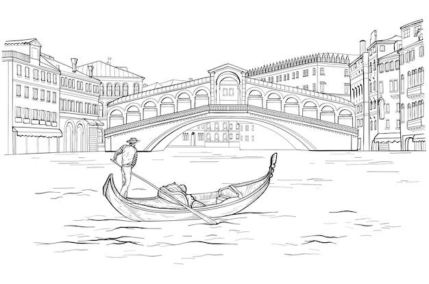 Vector góndola veneciana puente realto blanco y negro