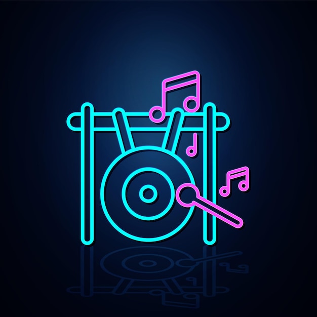 Gong grande de neón e ícono de nota musical en el ícono de la línea de neón Ícono de entretenimiento y música de karaoke