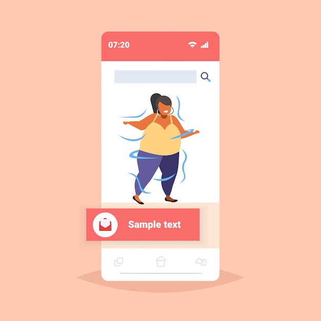 gordo obeso mujer bailando mujer afroamericana con sobrepeso bailarina divirtiéndose obesidad concepto de pérdida de peso pantalla del teléfono inteligente aplicación móvil en línea