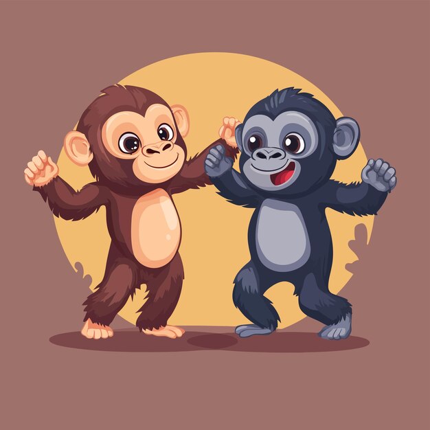 Un gorila y un chimpancé juguetones bailan en una ilustración vectorial al estilo de dibujos animados
