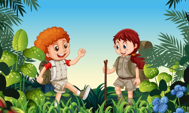 gorila en escena de bosque o selva tropical con muchos árboles arte vectorial