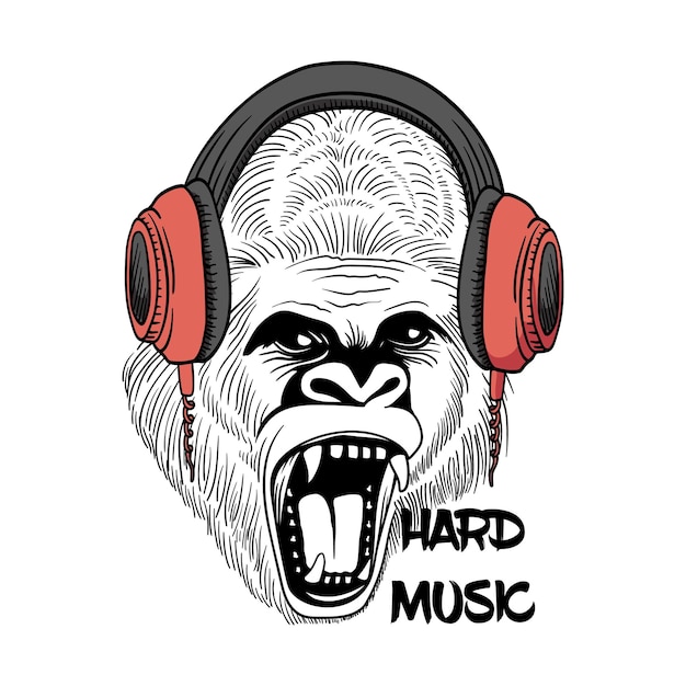 Gorila gritando en auriculares Tarjeta de humor composición de camiseta estilo dibujado a mano ilustración vectorial de impresión