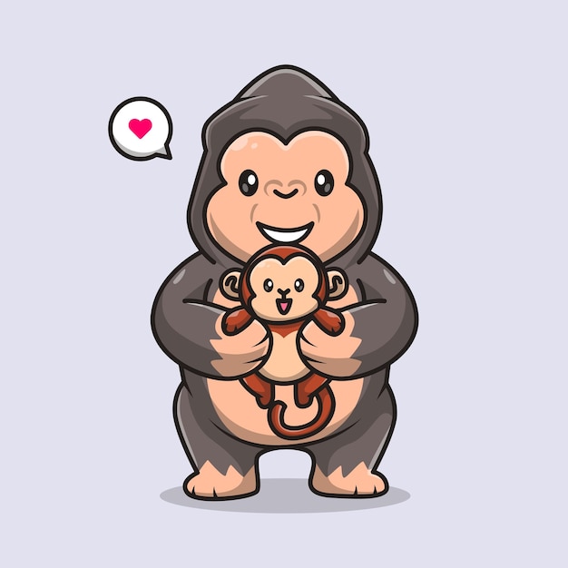 Gorila lindo que sostiene la ilustración del icono del vector de la historieta del mono del bebé. icono de naturaleza animal plano aislado