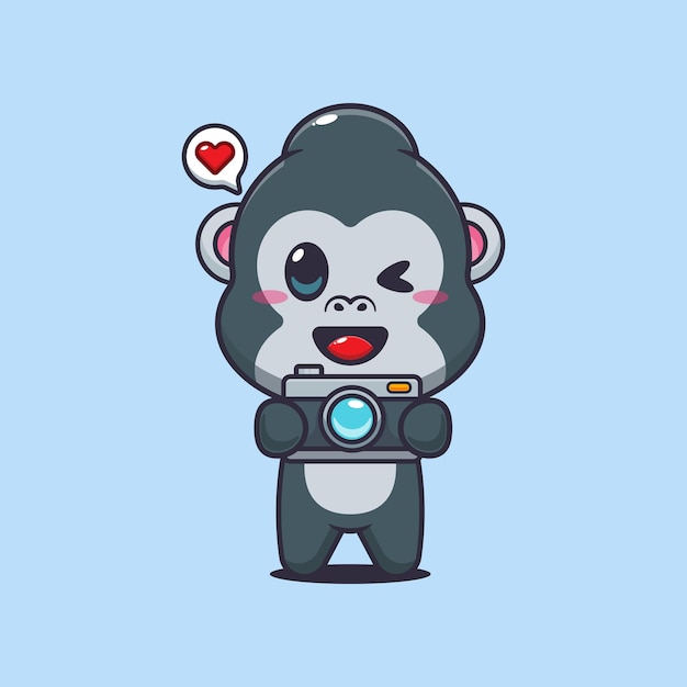 gorila mascota personaje de dibujos animados ilustración vectorial con cámara