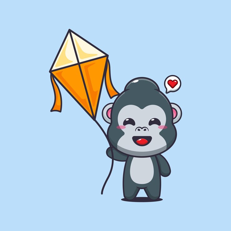 Vector gorila mascota personaje de dibujos animados ilustración vectorial jugando cometa