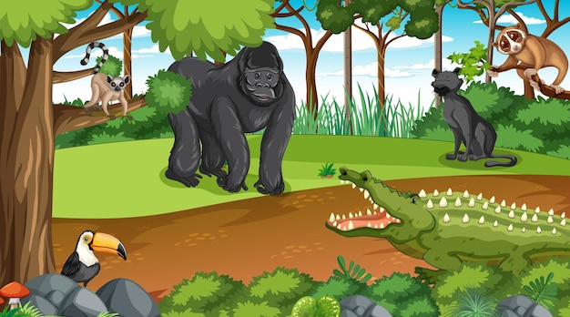 Gorila con otros animales salvajes en el bosque o la escena de la selva tropical.