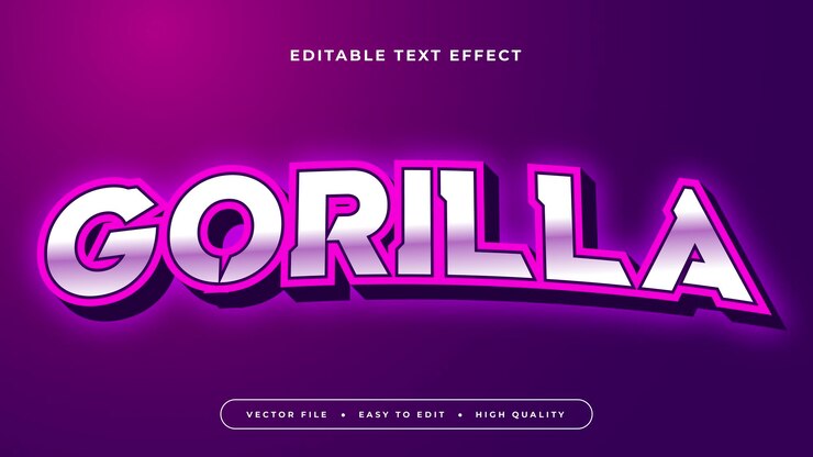 Vector gorila púrpura y blanca estilo de fuente de efecto de texto editable en 3d