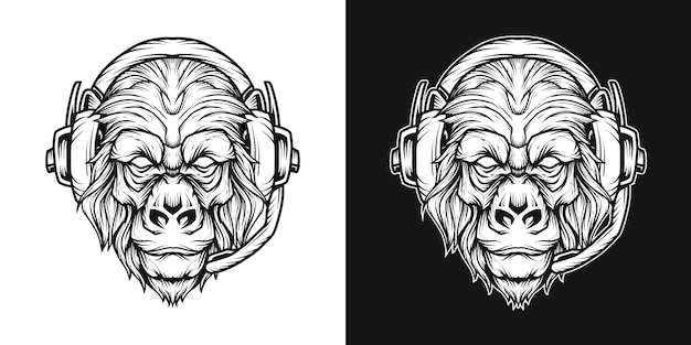 Vector gorilla headset head logo line art