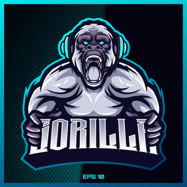 Gorilla king kong esport y diseño de logotipo de mascota deportiva con concepto de ilustración moderna para impresión de equipo, insignia, emblema y sed. ilustración de gorila sobre fondo azul oscuro. ilustración