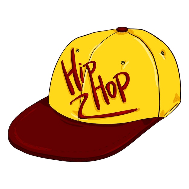 Gorra de béisbol amarilla retro de dibujos animados de vector con gorro de hip hop de pico rojo plano