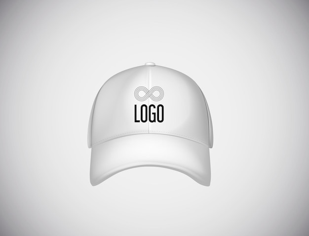 Vector gorra de béisbol blanca de vista frontal realista con letras de logotipo para publicidad aislada en ilustración de vector de fondo blanco