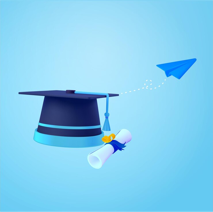 gorra de graduación 3d o sombrero y avión de papel volador de diploma aislado en el vector 3d de fondo