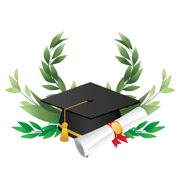 Una gorra de graduación y un diploma se muestran en un fondo frondoso