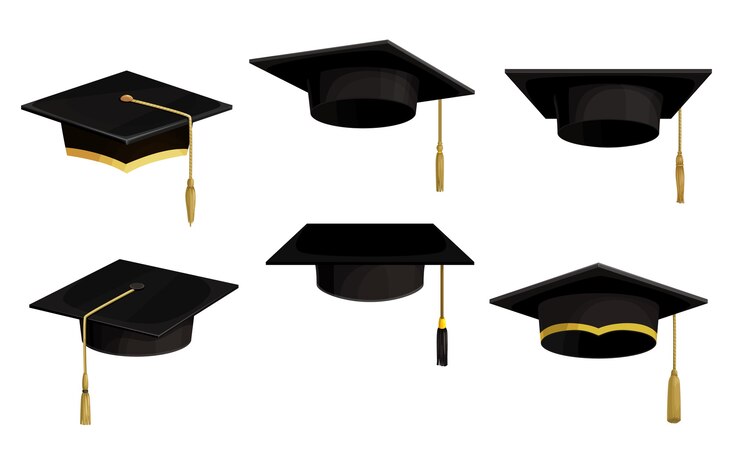 Vector gorras académicas iconos aislados, sombreros negros de graduación universitaria de dibujos animados con borlas y encaje dorado.