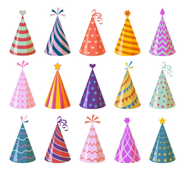 Vector gorras de fiesta. coloridos dibujos animados de cumpleaños y sombreros de papel de carnaval, aniversario y elementos de decoración navideña festiva para niños divertido conjunto de cono de festival