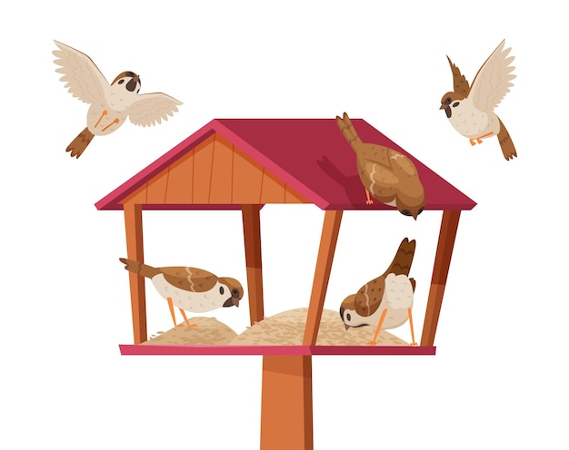 Vector gorriones en casita para pájaros personajes de pájaros chirp volando y comiendo migas en fondo de dibujos animados de vector exacto de casa para pájaros