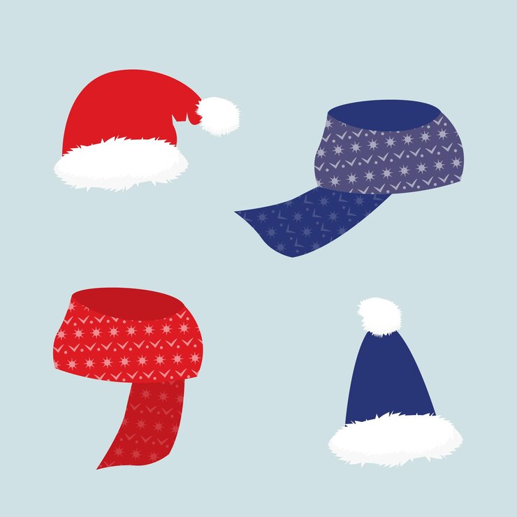 Gorro y bufanda cálidos para un invierno acogedor, ilustración vectorial aislada, accesorio navideño año nuevo