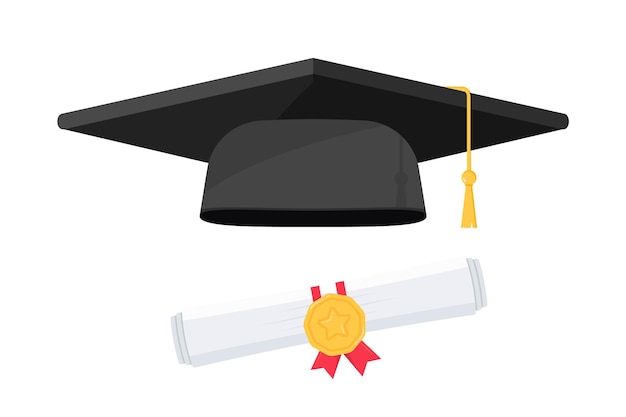 Gorro de graduación negro con grado. Sombrero negro de licenciado universitario, elementos de diseño. Diploma y gorra de graduación. Elemento para ceremonia de grado y programas educativos. Universidad o colegio de graduación