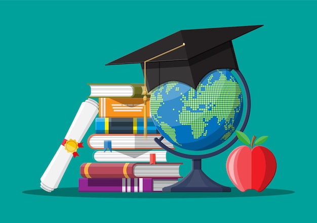 Gorro de graduación pegado de libros con globo y manzana